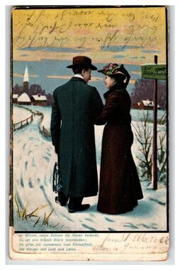 Vintage Austrian Winter Lovers Postcard, Couple on Snowy Path, Poem, c.1910